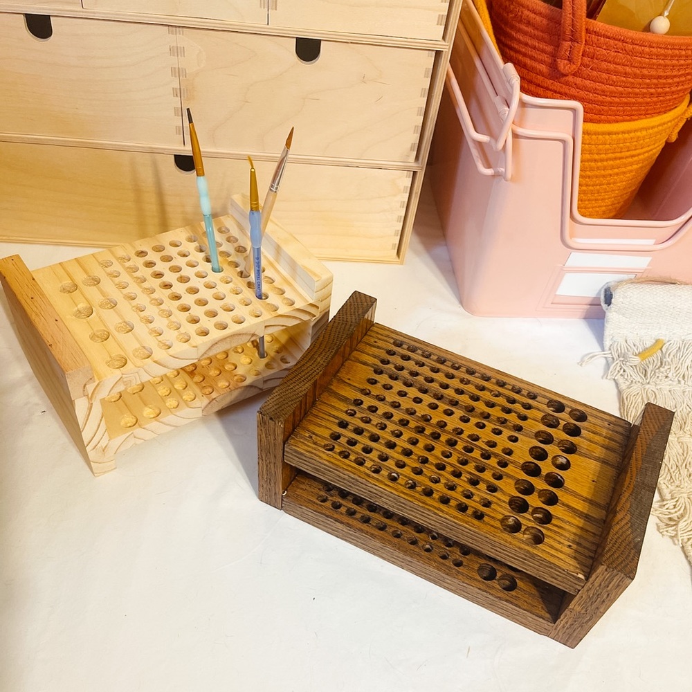 Handmade wood stained multi size paintbrush holder/drying rack